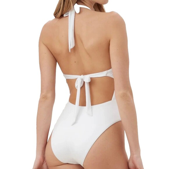 Trina Turk Swimsuit Women 8 White Monaco Scoop Neck Cutout Ring Halter One Piece - Picture 2 of 13